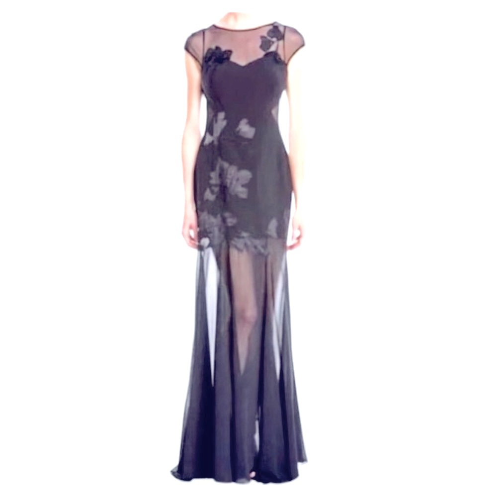 HALSTON HERITAGE BLACK WITCHY MAXI DRESS SEMI SHEER 8 WHIMSIGOTH PARTY VALENTINE